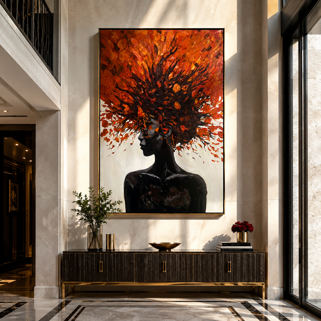 Scarlet Leaves Crown Night - black figure with red leaves by Marcus Lau, Retro Modern vertical wall art – styled room scene view 2
