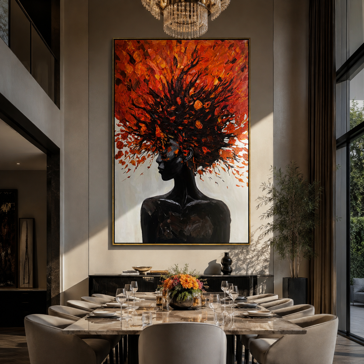 Scarlet Leaves Crown Night - black figure with red leaves by Marcus Lau, Retro Modern vertical wall art – styled room scene view 3