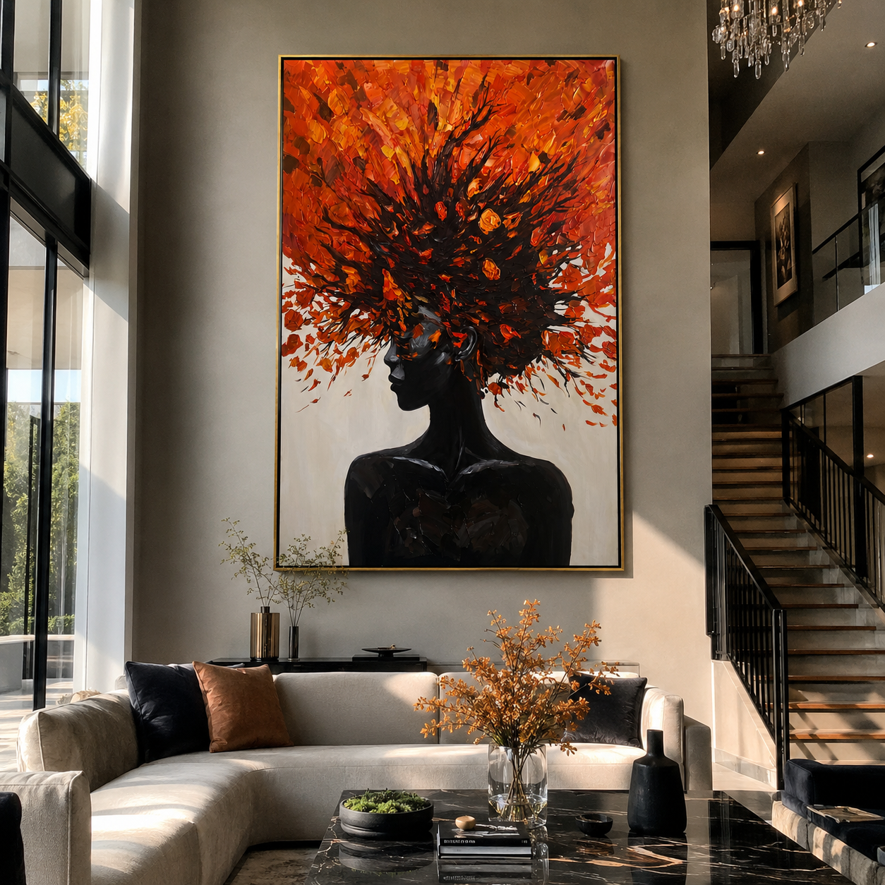 Scarlet Leaves Crown Night - black figure with red leaves by Marcus Lau, Retro Modern vertical wall art – styled room scene view 4