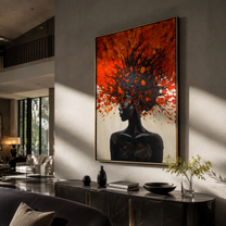 Scarlet Leaves Crown Night - black figure with red leaves by Marcus Lau, Retro Modern vertical wall art – styled room scene view 5
