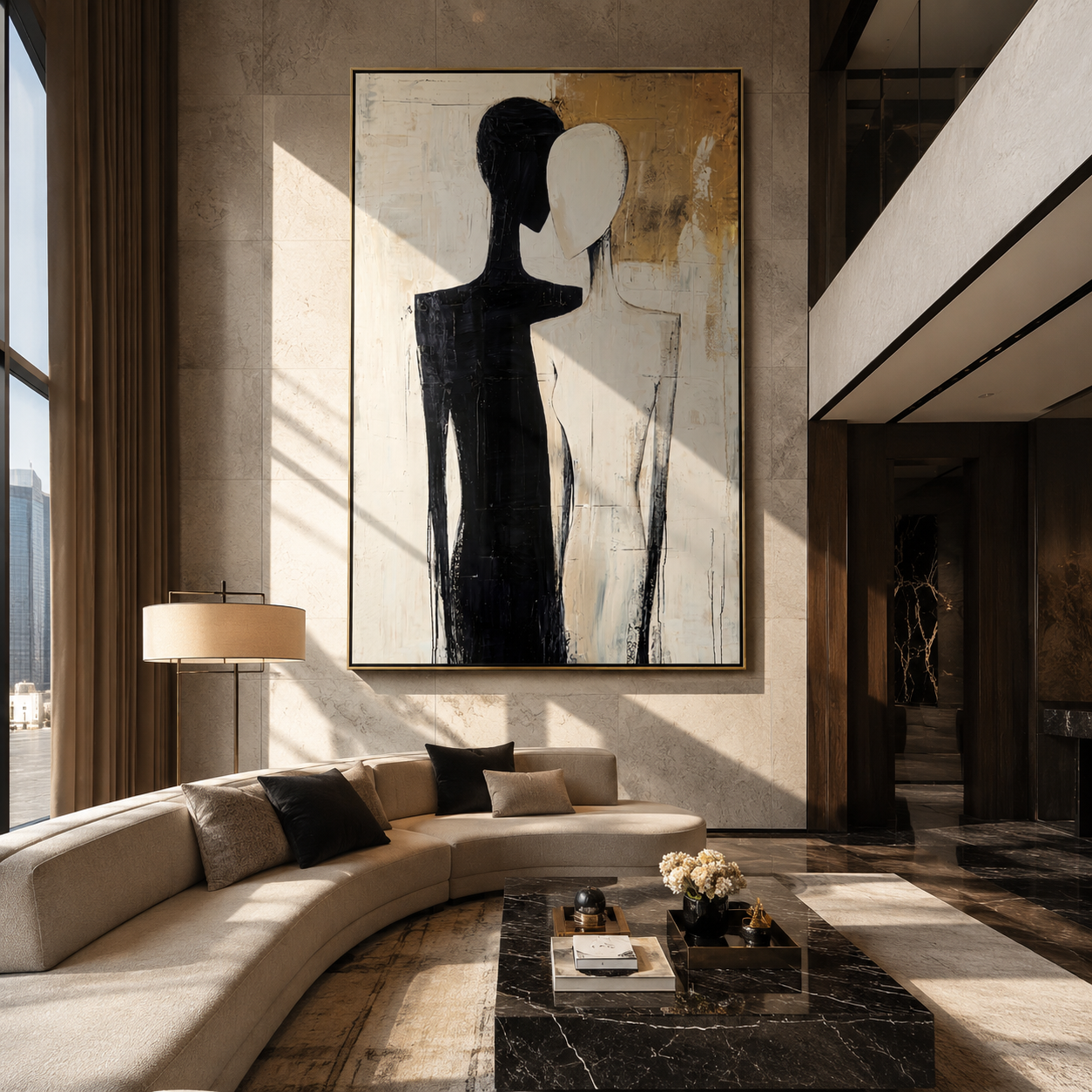 Two Shadows Share Gold - black and ivory couple by Marcus Lau, Retro Modern vertical wall art – styled room scene view 1