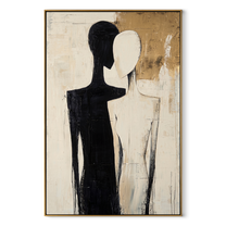 Two Shadows Share Gold - black and ivory couple by Marcus Lau, Retro Modern vertical wall art – wood frame on white background