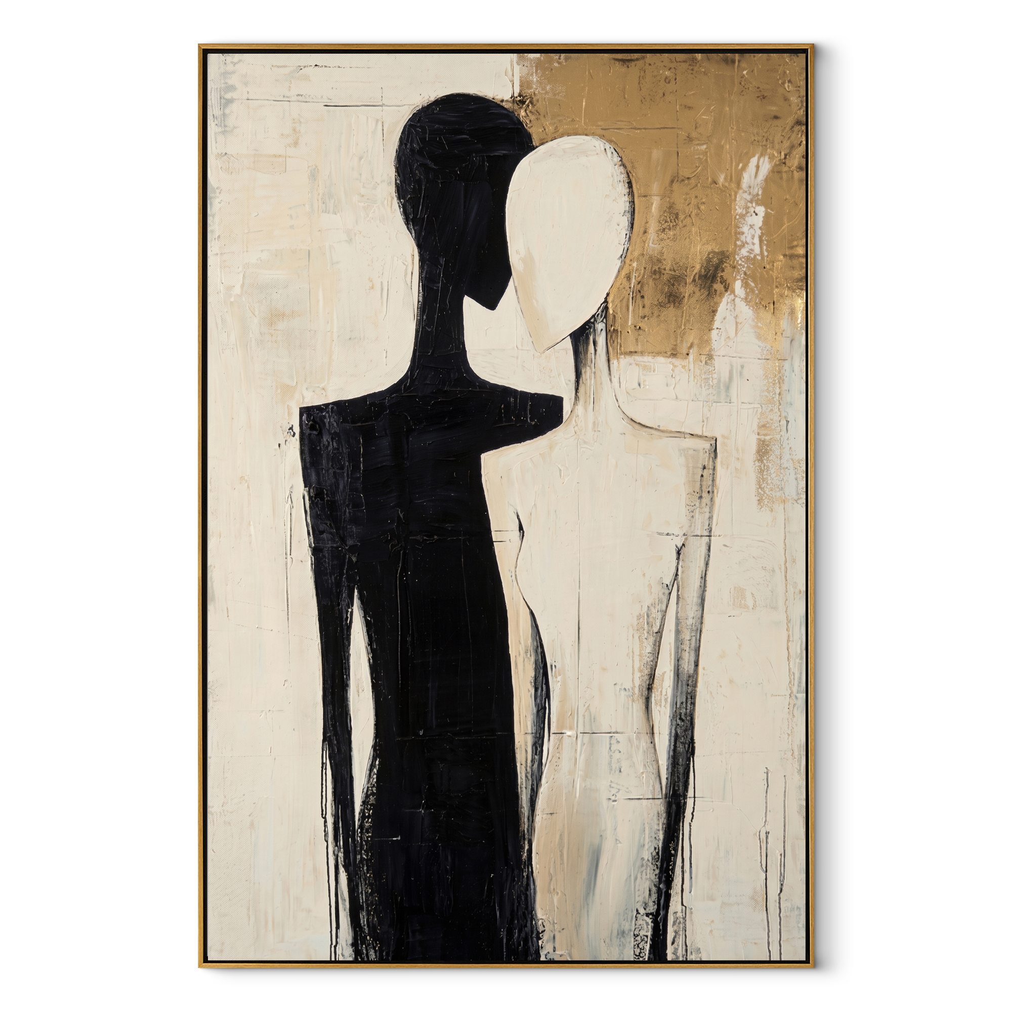 Two Shadows Share Gold - black and ivory couple by Marcus Lau, Retro Modern vertical wall art – wood frame on white background