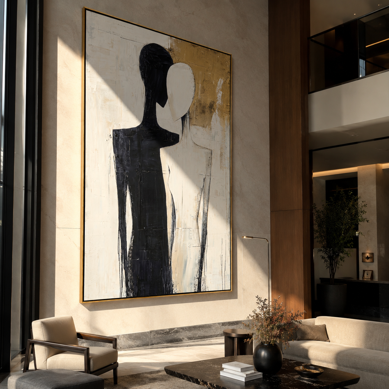 Two Shadows Share Gold - black and ivory couple by Marcus Lau, Retro Modern vertical wall art – styled room scene view 4