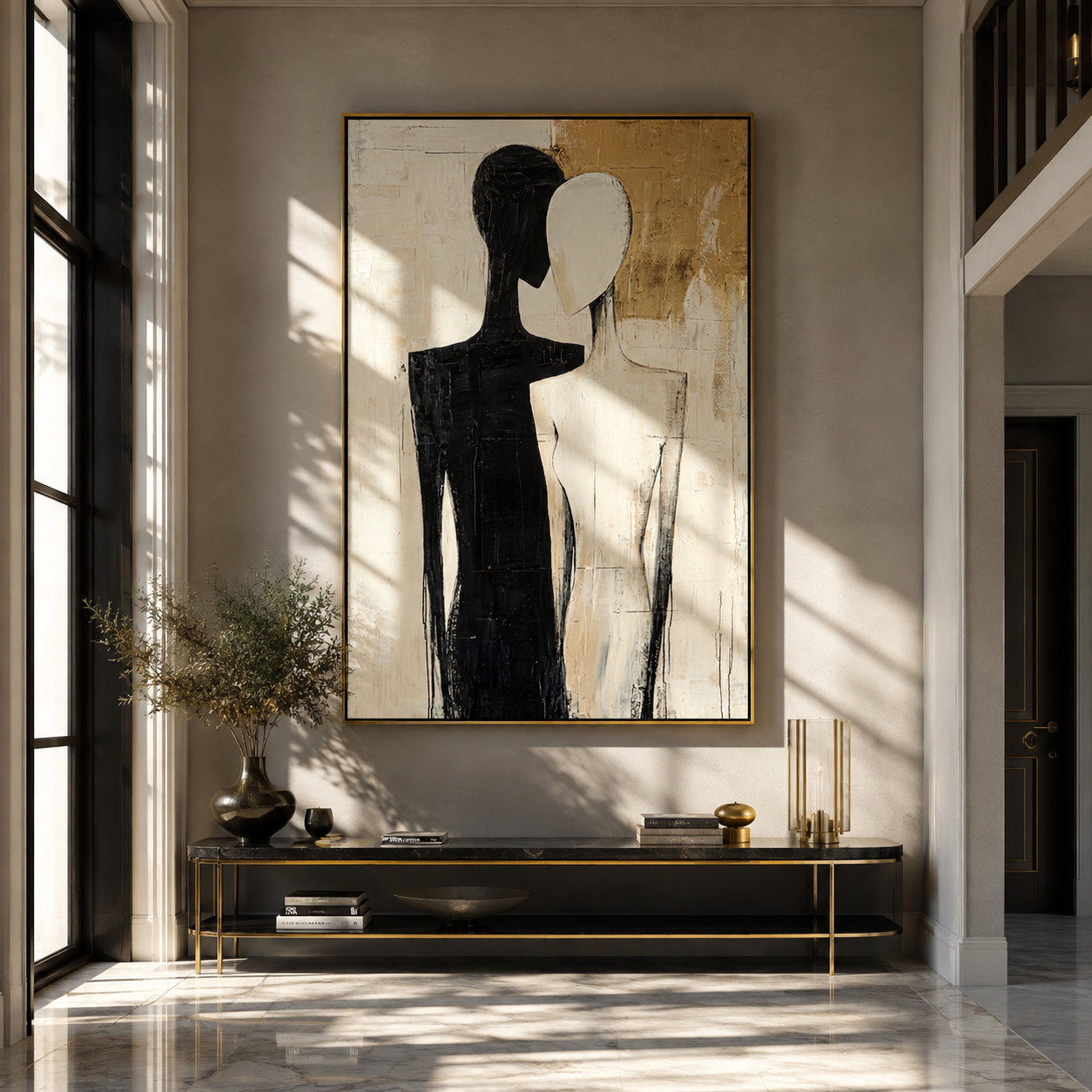 Two Shadows Share Gold - black and ivory couple by Marcus Lau, Retro Modern vertical wall art – styled room scene view 5