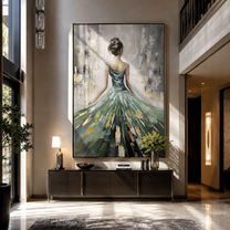 Emerald Skirt Opens Light - green gown woman by Marcus Lau, Retro Modern vertical wall art – styled room scene view 1