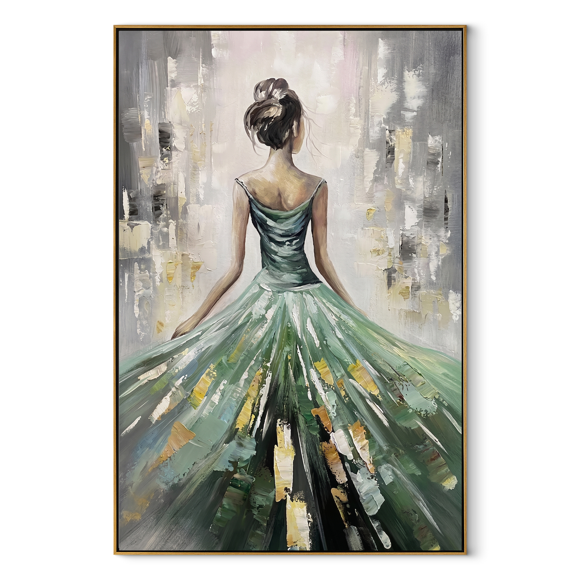 Emerald Skirt Opens Light - green gown woman by Marcus Lau, Retro Modern vertical wall art – wood frame on white background