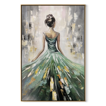 Emerald Skirt Opens Light - green gown woman by Marcus Lau, Retro Modern vertical wall art – wood frame on white background