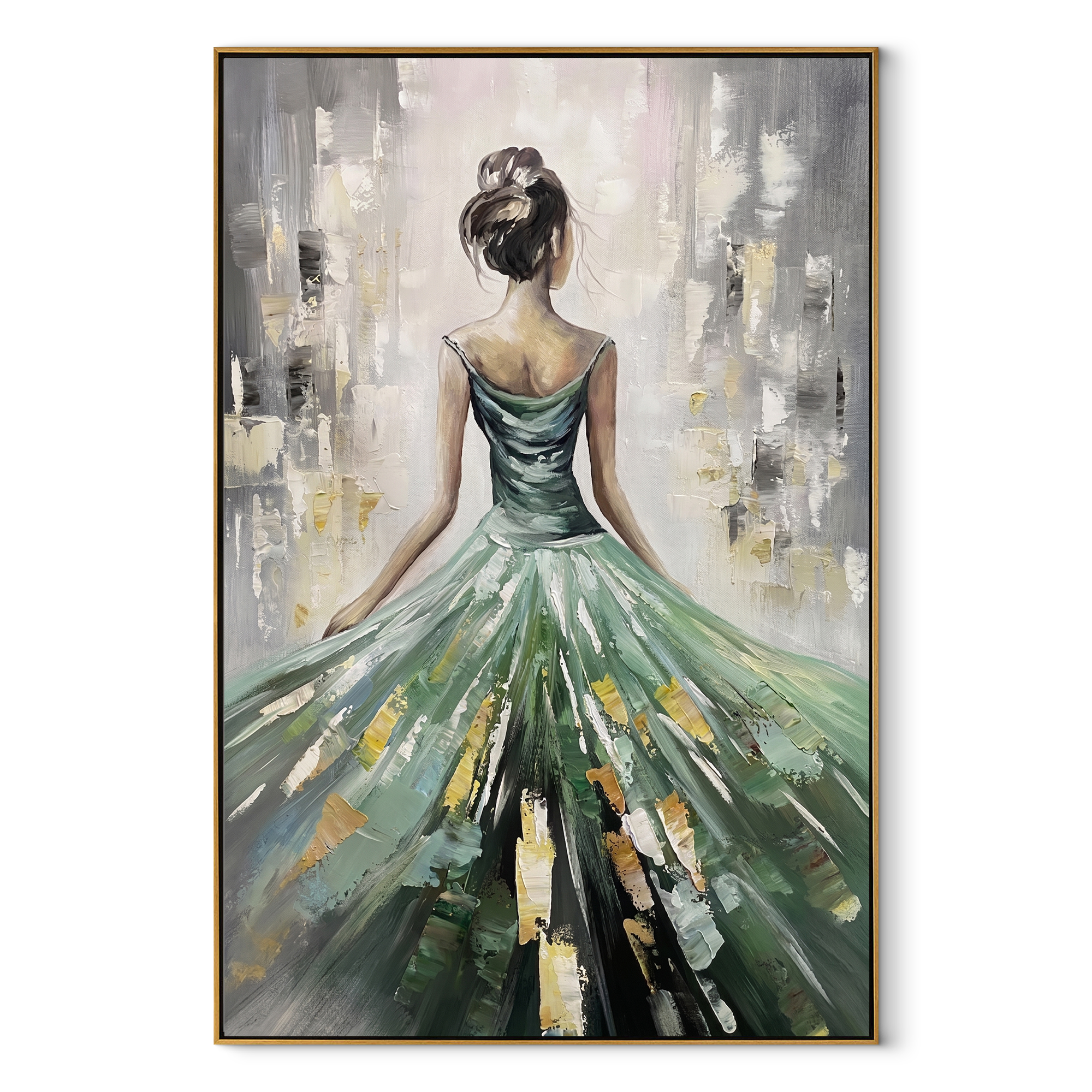 Emerald Skirt Opens Light - green gown woman by Marcus Lau, Retro Modern vertical wall art – wood frame on white background