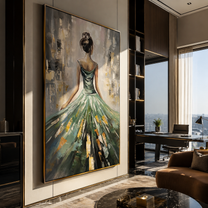 Emerald Skirt Opens Light - green gown woman by Marcus Lau, Retro Modern vertical wall art – styled room scene view 2