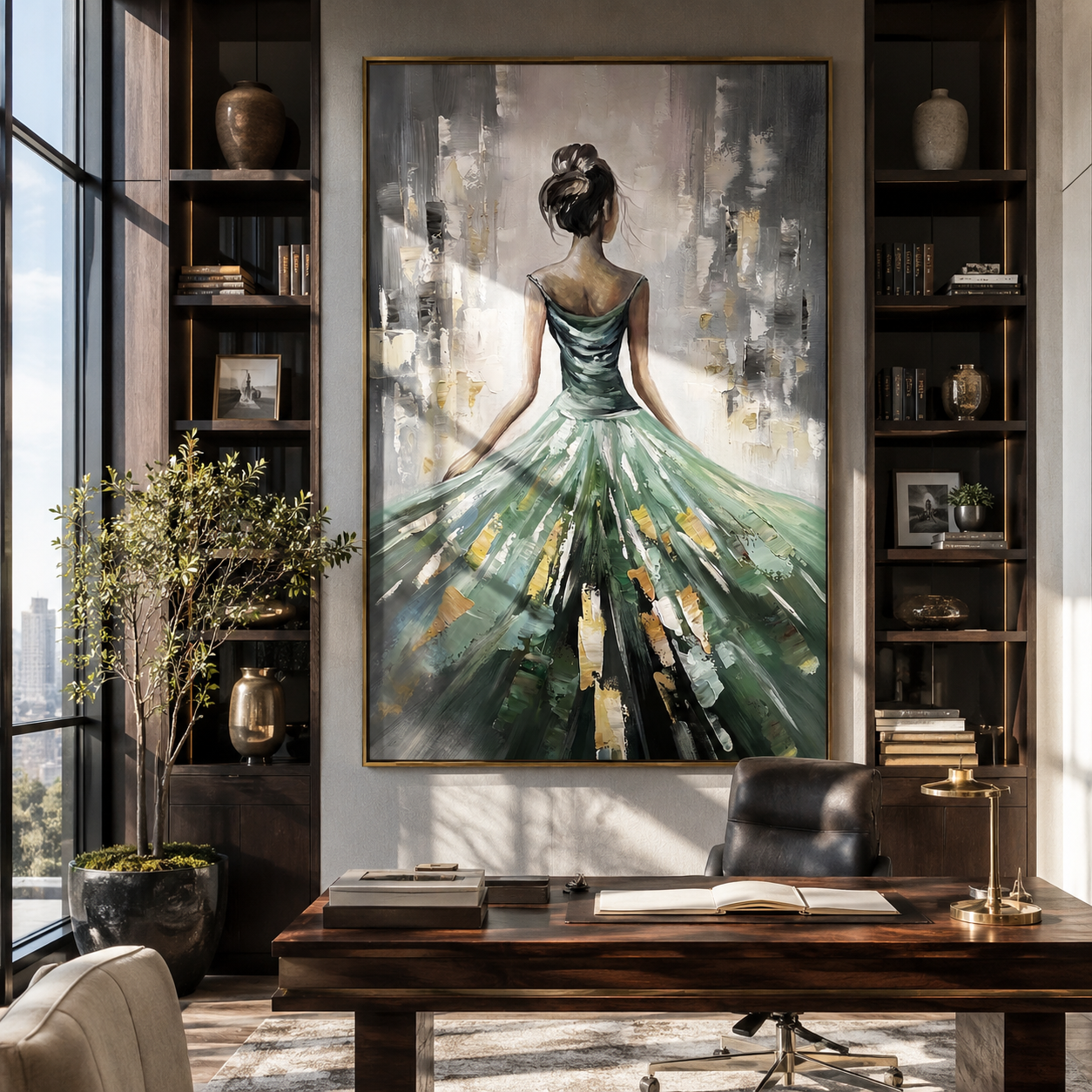 Emerald Skirt Opens Light - green gown woman by Marcus Lau, Retro Modern vertical wall art – styled room scene view 3