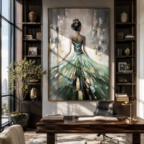 Emerald Skirt Opens Light - green gown woman by Marcus Lau, Retro Modern vertical wall art – styled room scene view 3