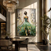Emerald Skirt Opens Light - green gown woman by Marcus Lau, Retro Modern vertical wall art – styled room scene view 4