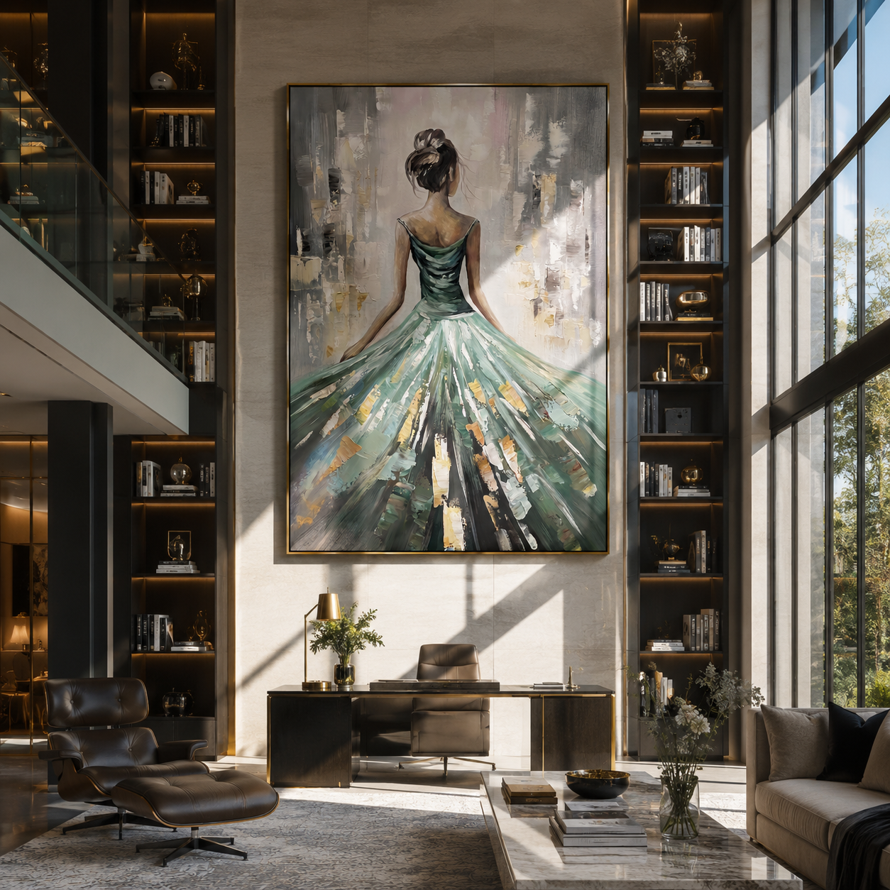 Emerald Skirt Opens Light - green gown woman by Marcus Lau, Retro Modern vertical wall art – styled room scene view 5