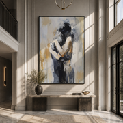 Figures Fold Into Silence - embracing abstract couple by Marcus Lau, Retro Modern vertical wall art – styled room scene view 1