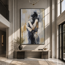 Figures Fold Into Silence - embracing abstract couple by Marcus Lau, Retro Modern vertical wall art – styled room scene view 1