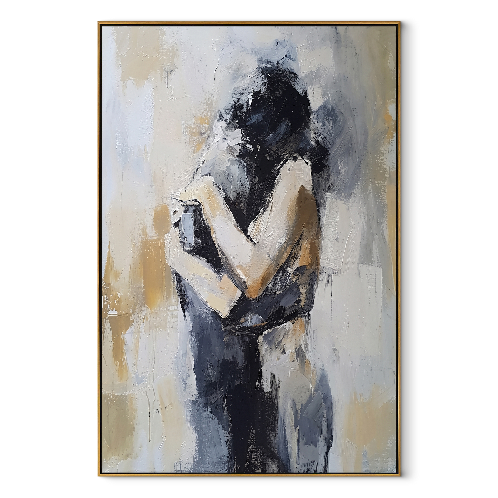 Figures Fold Into Silence - embracing abstract couple by Marcus Lau, Retro Modern vertical wall art – wood frame on white background