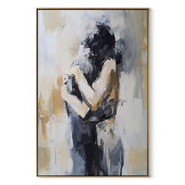 Figures Fold Into Silence - embracing abstract couple by Marcus Lau, Retro Modern vertical wall art – wood frame on white background