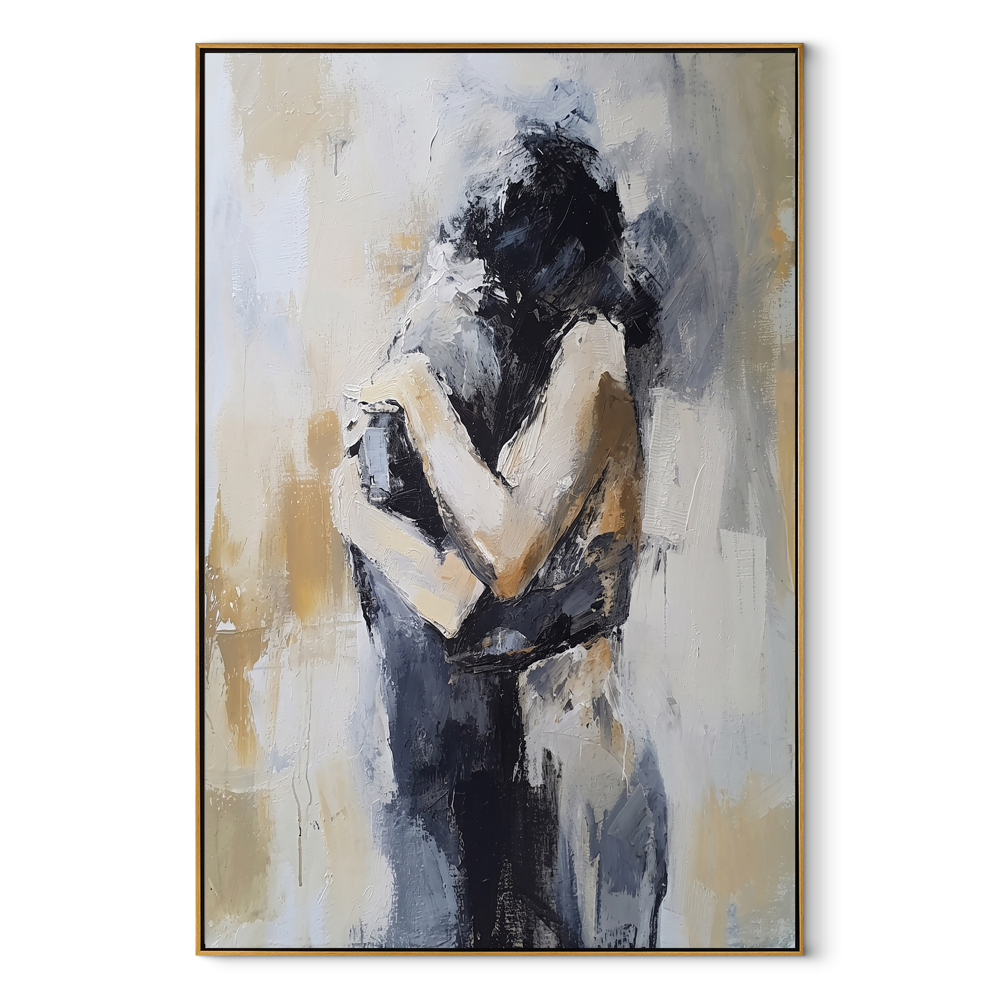 Figures Fold Into Silence - embracing abstract couple by Marcus Lau, Retro Modern vertical wall art – wood frame on white background