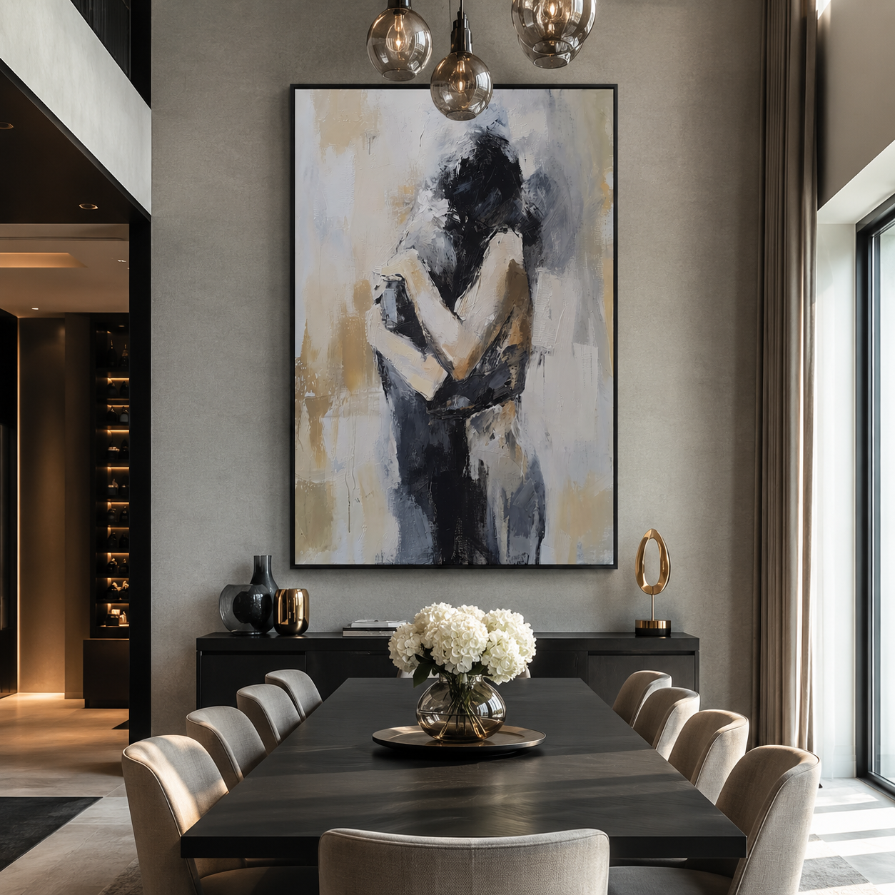 Figures Fold Into Silence - embracing abstract couple by Marcus Lau, Retro Modern vertical wall art – styled room scene view 2