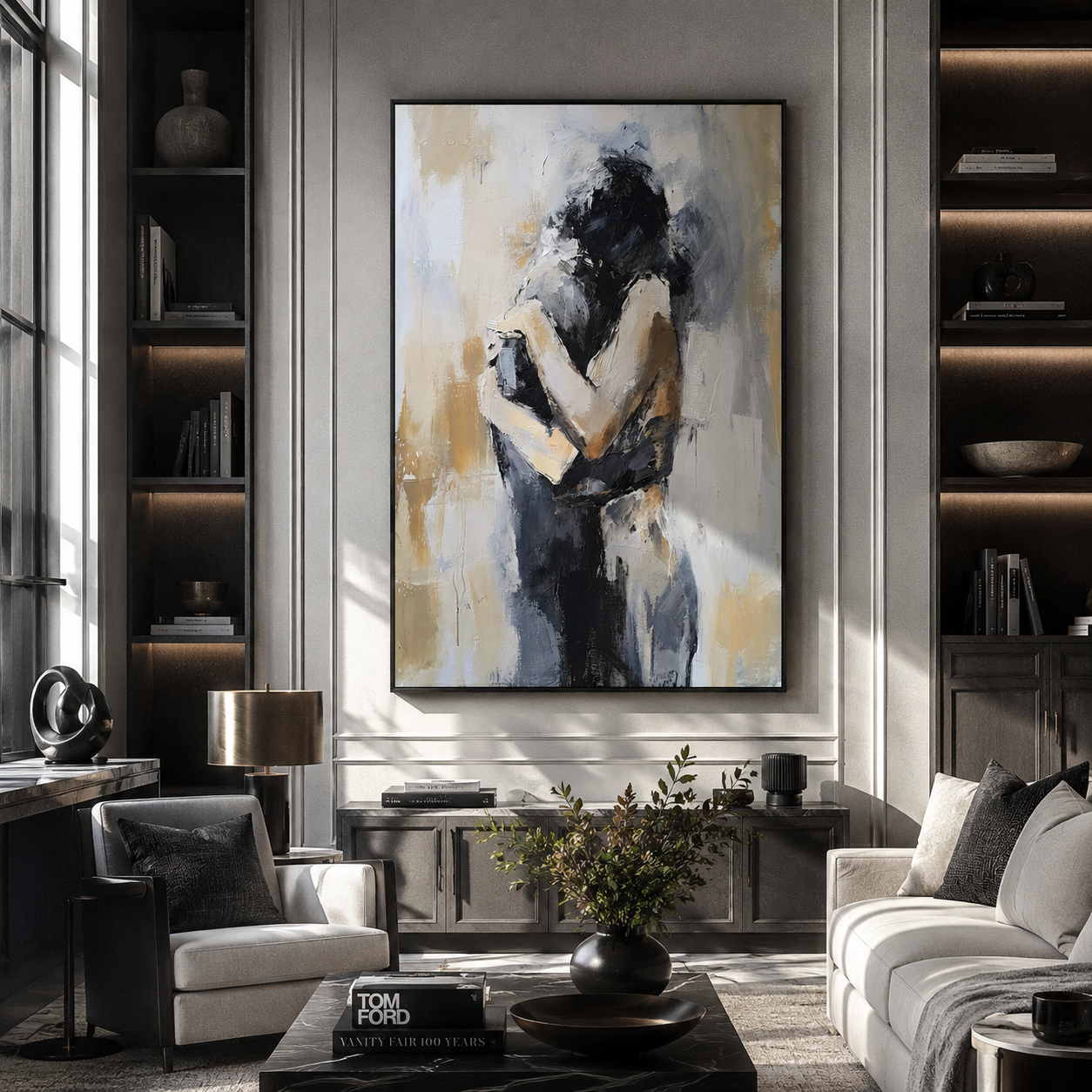 Figures Fold Into Silence - embracing abstract couple by Marcus Lau, Retro Modern vertical wall art – styled room scene view 3