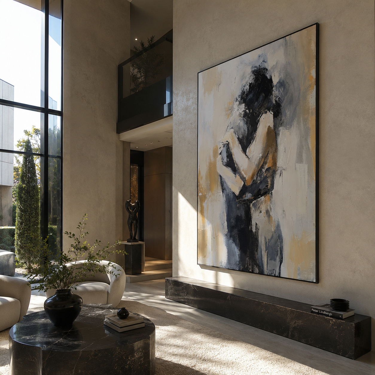 Figures Fold Into Silence - embracing abstract couple by Marcus Lau, Retro Modern vertical wall art – styled room scene view 4