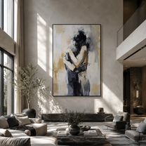 Figures Fold Into Silence - embracing abstract couple by Marcus Lau, Retro Modern vertical wall art – styled room scene view 5