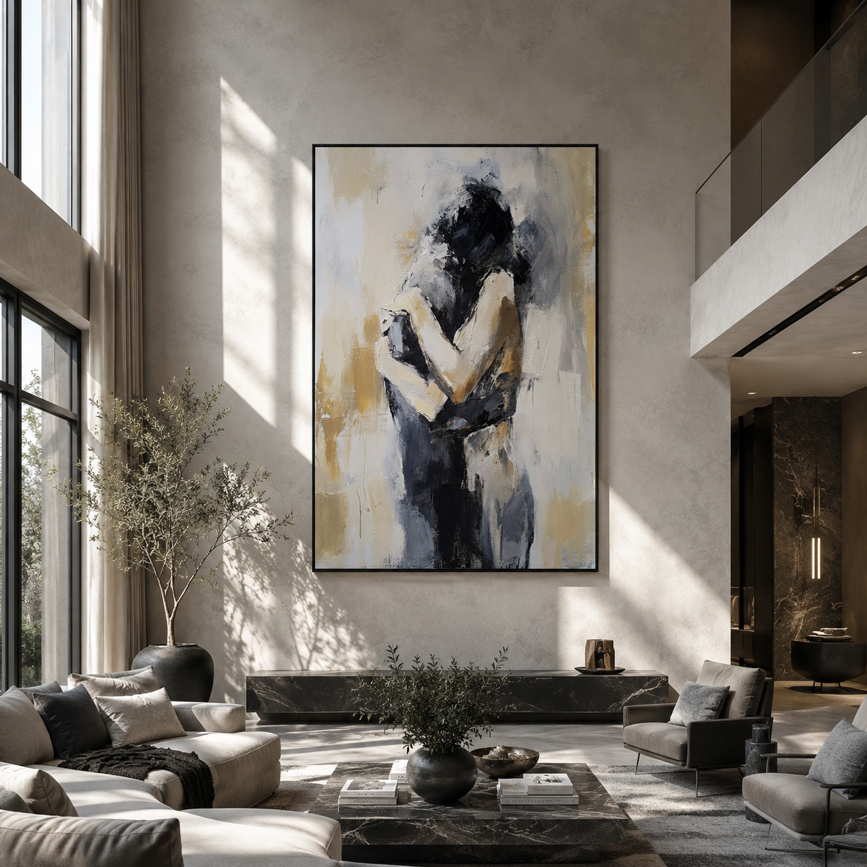 Figures Fold Into Silence - embracing abstract couple by Marcus Lau, Retro Modern vertical wall art – styled room scene view 5