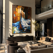 Blue Dress Carries Violin - woman walking with violin by Marcus Lau, Retro Modern vertical wall art – styled room scene view 1