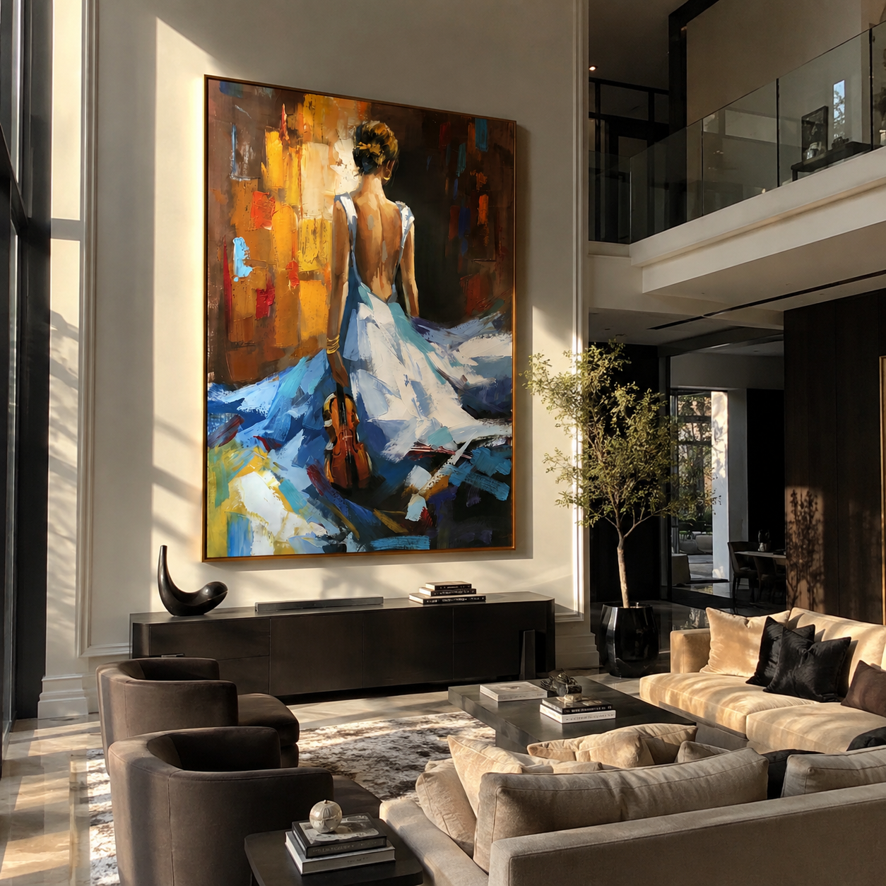 Blue Dress Carries Violin - woman walking with violin by Marcus Lau, Retro Modern vertical wall art – styled room scene view 1