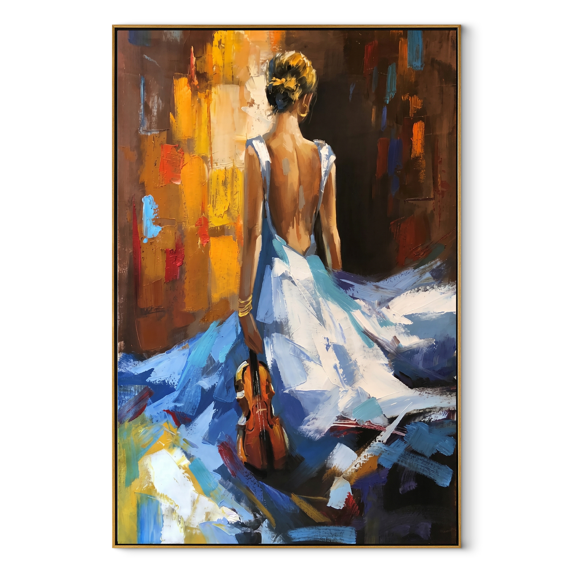 Blue Dress Carries Violin - woman walking with violin by Marcus Lau, Retro Modern vertical wall art – wood frame on white background