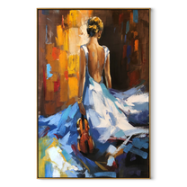 Blue Dress Carries Violin - woman walking with violin by Marcus Lau, Retro Modern vertical wall art – wood frame on white background