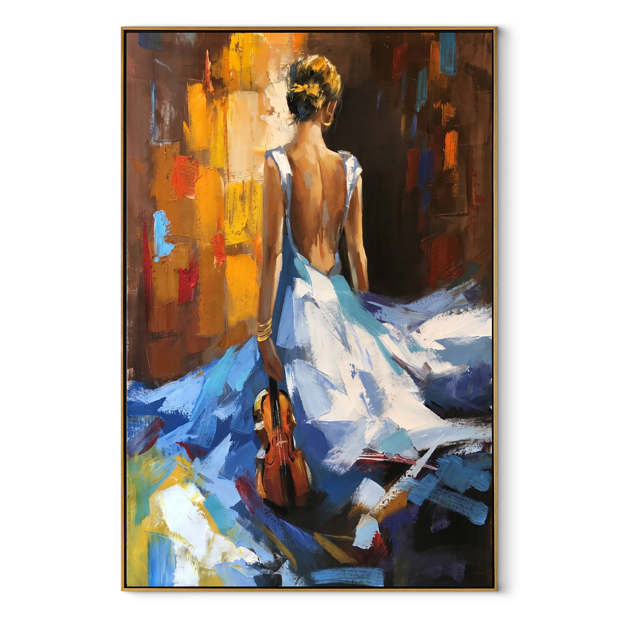 Blue Dress Carries Violin - woman walking with violin by Marcus Lau, Retro Modern vertical wall art – wood frame on white background