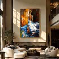 Blue Dress Carries Violin - woman walking with violin by Marcus Lau, Retro Modern vertical wall art – styled room scene view 2