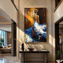 Blue Dress Carries Violin - woman walking with violin by Marcus Lau, Retro Modern vertical wall art – styled room scene view 3