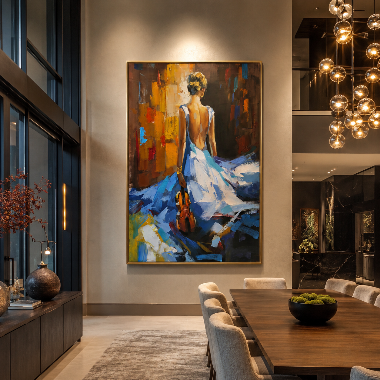 Blue Dress Carries Violin - woman walking with violin by Marcus Lau, Retro Modern vertical wall art – styled room scene view 4