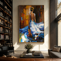 Blue Dress Carries Violin - woman walking with violin by Marcus Lau, Retro Modern vertical wall art – styled room scene view 5