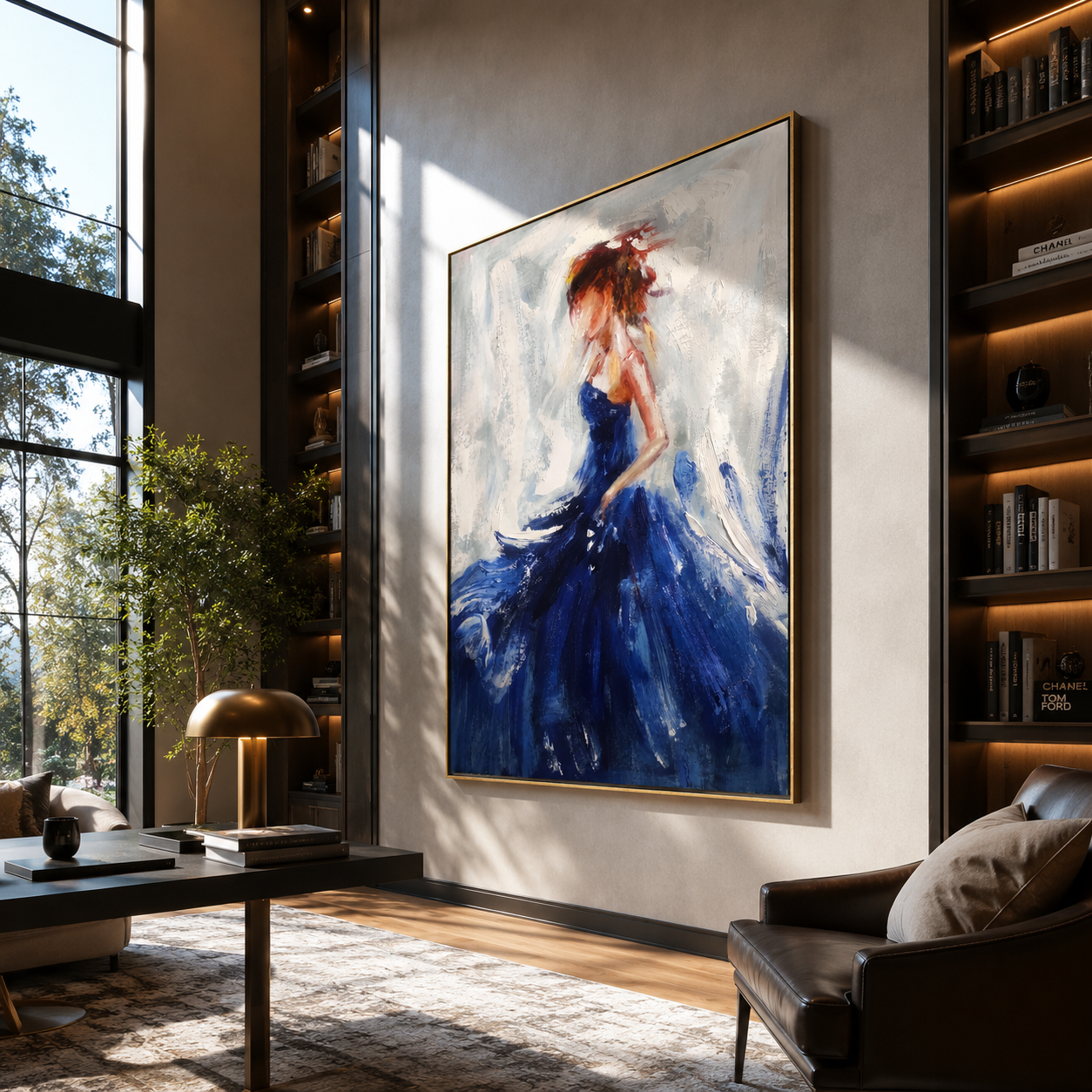 Cobalt Skirt Finds Air - blue gown woman by Marcus Lau, Retro Modern vertical wall art – styled room scene view 1