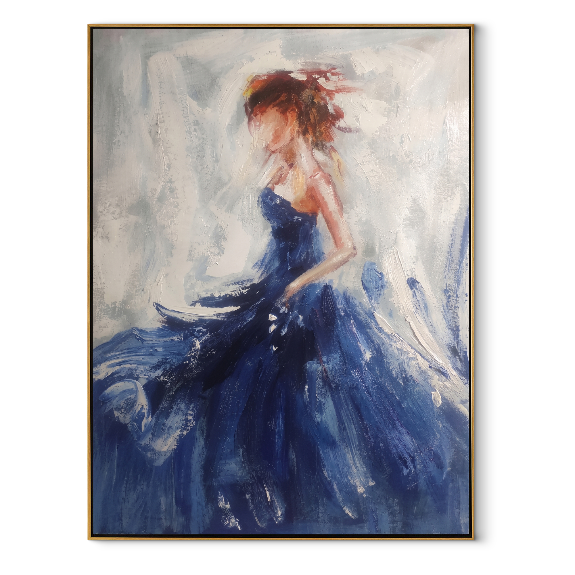 Cobalt Skirt Finds Air - blue gown woman by Marcus Lau, Retro Modern vertical wall art – wood frame on white background