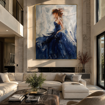Cobalt Skirt Finds Air - blue gown woman by Marcus Lau, Retro Modern vertical wall art – styled room scene view 2