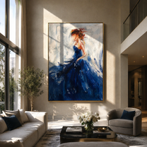 Cobalt Skirt Finds Air - blue gown woman by Marcus Lau, Retro Modern vertical wall art – styled room scene view 3