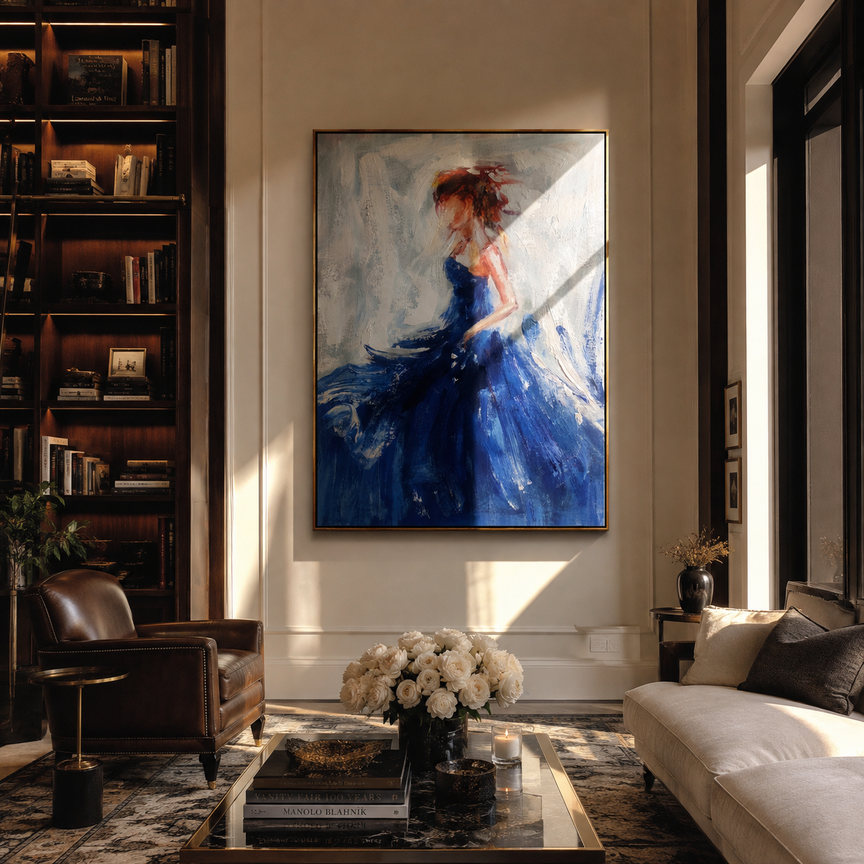 Cobalt Skirt Finds Air - blue gown woman by Marcus Lau, Retro Modern vertical wall art – styled room scene view 4