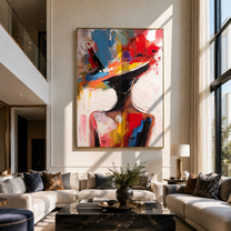 Color Brim Tilts Forward - colorful wide hat portrait by Marcus Lau, Retro Modern vertical wall art – styled room scene view 1