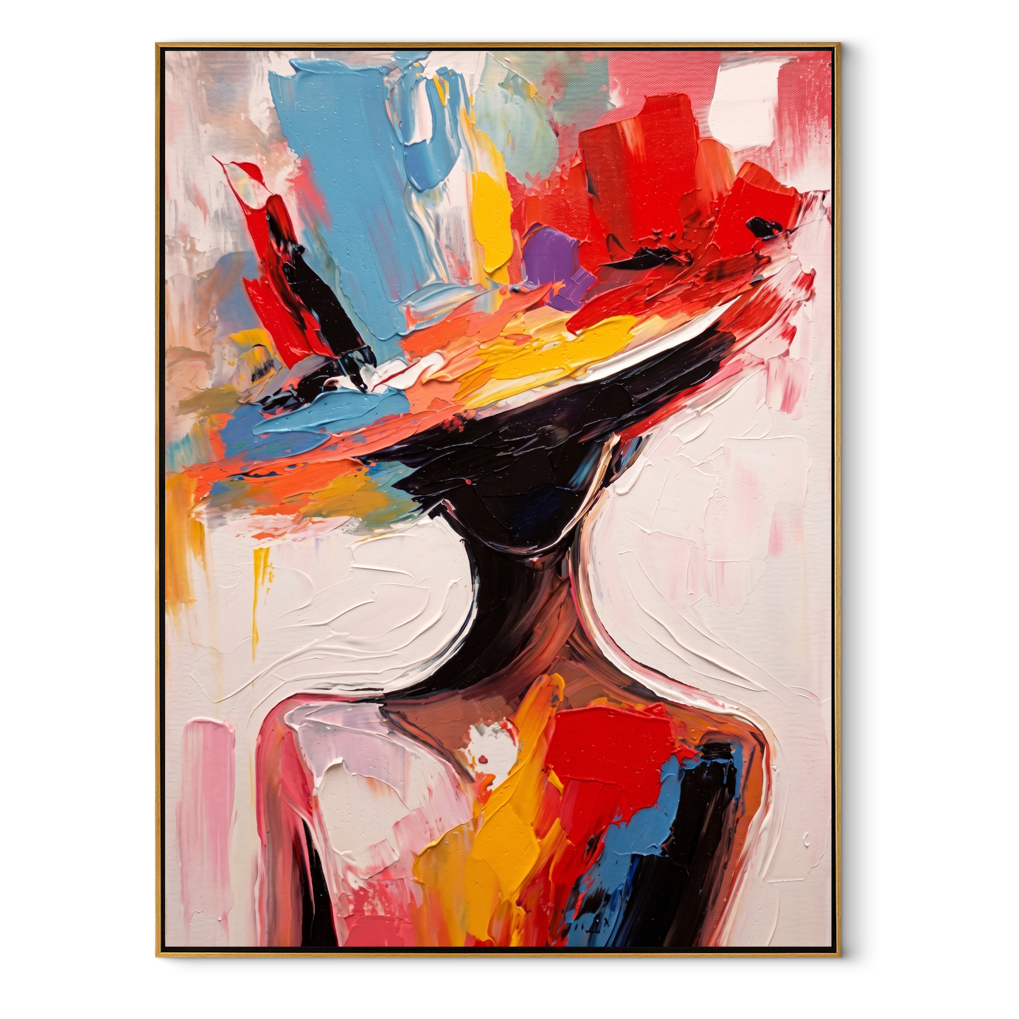 Color Brim Tilts Forward - colorful wide hat portrait by Marcus Lau, Retro Modern vertical wall art – wood frame on white background