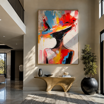 Color Brim Tilts Forward - colorful wide hat portrait by Marcus Lau, Retro Modern vertical wall art – styled room scene view 2