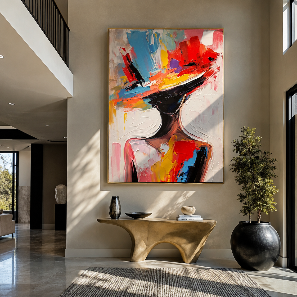 Color Brim Tilts Forward - colorful wide hat portrait by Marcus Lau, Retro Modern vertical wall art – styled room scene view 2