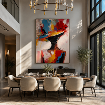 Color Brim Tilts Forward - colorful wide hat portrait by Marcus Lau, Retro Modern vertical wall art – styled room scene view 3