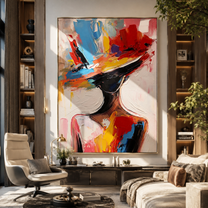 Color Brim Tilts Forward - colorful wide hat portrait by Marcus Lau, Retro Modern vertical wall art – styled room scene view 4