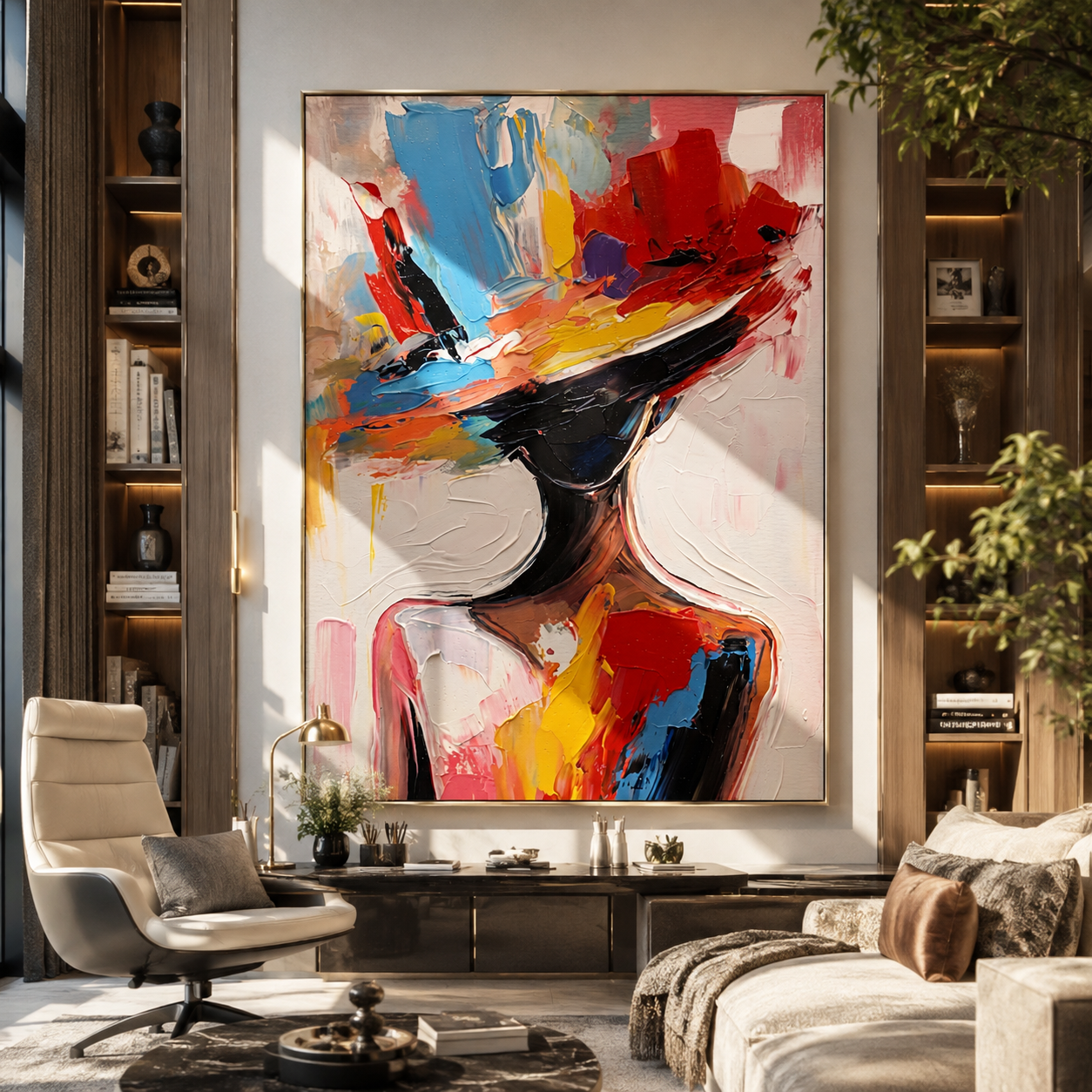 Color Brim Tilts Forward - colorful wide hat portrait by Marcus Lau, Retro Modern vertical wall art – styled room scene view 4