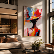 Color Brim Tilts Forward - colorful wide hat portrait by Marcus Lau, Retro Modern vertical wall art – styled room scene view 5
